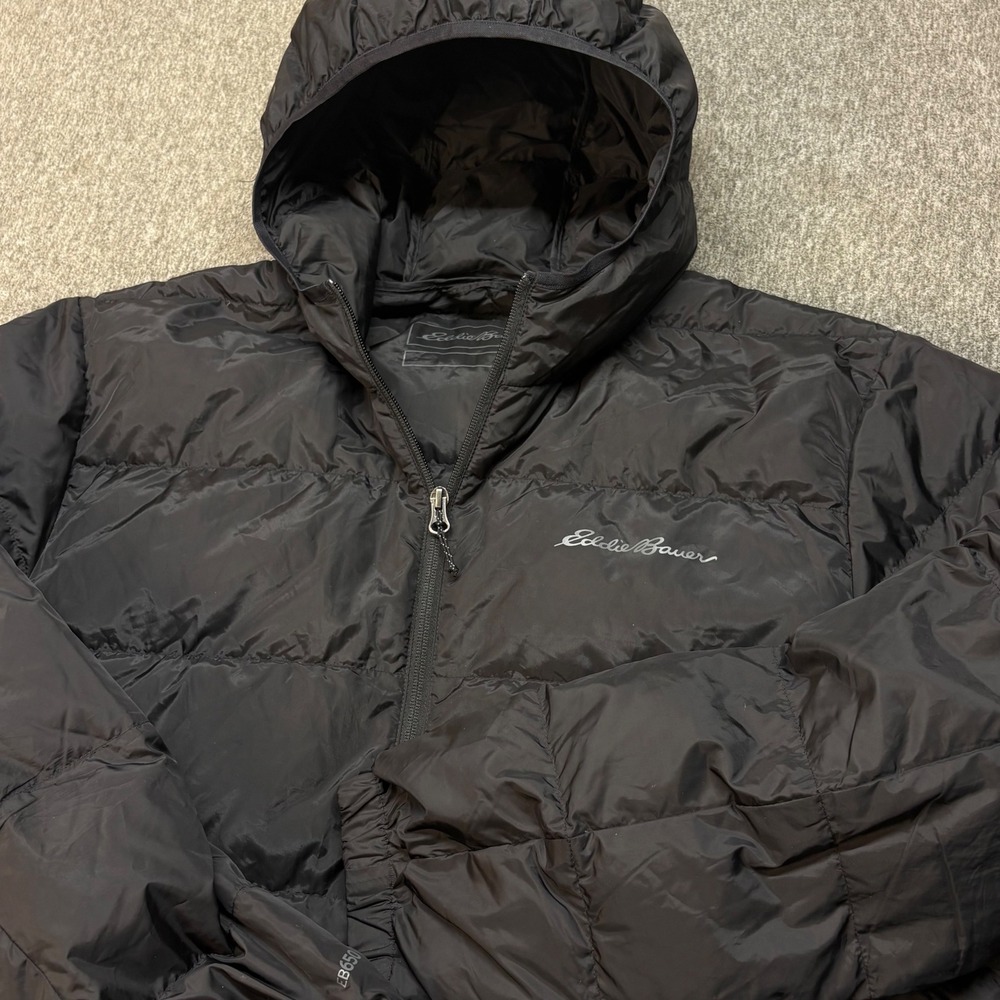 Eddie Bauer EB650 Down Hooded Puffer Jacket Mens XXL Black Full Zip Quilted